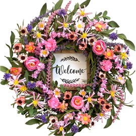 Spring Summer Wreath for Front Door - 22 Inch Artificial Floral Wreath with Roses, Wild Flowers, Leaves & Welcome Board - Farmhouse Indoor/Outdoor Wall Decor