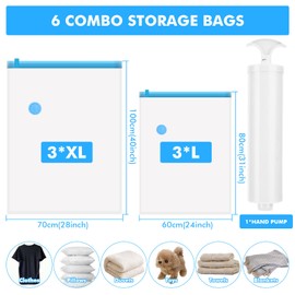 Vacuum Bags for Clothes Travel, Pack of 6 Vacuum Bags for Duvets, 3 Extra Large + 3 Large Vacuum Bags for Clothing, Vacuum Bags Clothes with Hand Pump