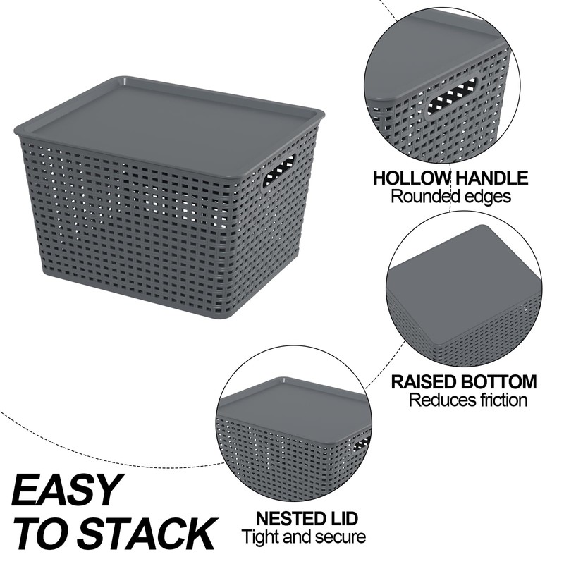 Qskely 6-Pack Large Plastic Storage Baskets with Lid, Gray
