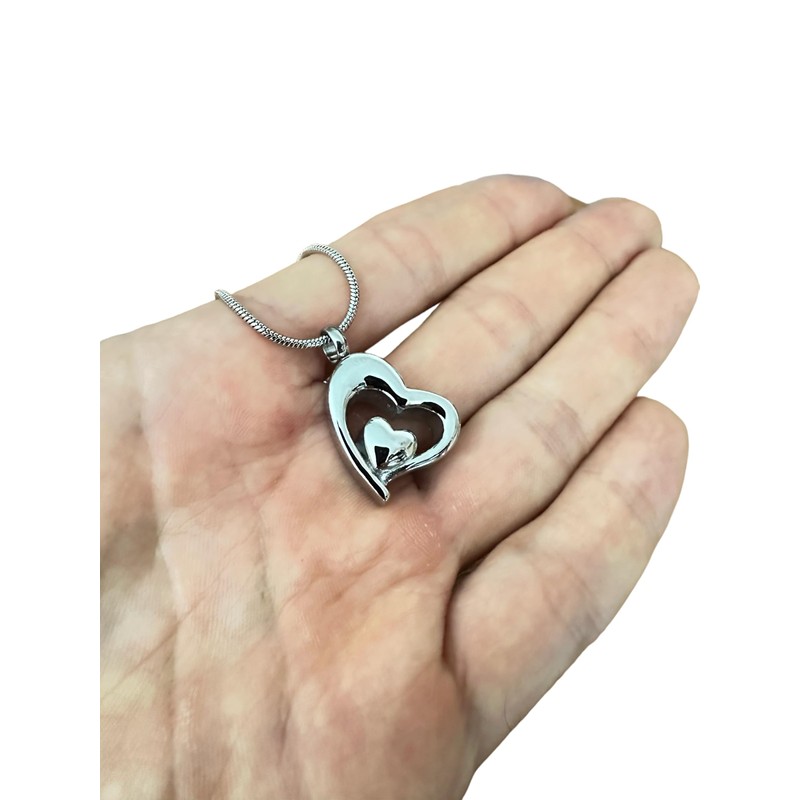 Collar Dije Corazon Doble Plateado Relicario Ceniza Acero Inoxidable