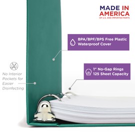 Carstens 1-Inch Heavy Duty 3-Ring Binder - Top Opening, Teal, Durable Plastic, Precision No-Gap Rings, Waterproof Cover, No Pockets, Holds 125 US Letter Sheets, BPA-Free, Made in USA (8761-3R)