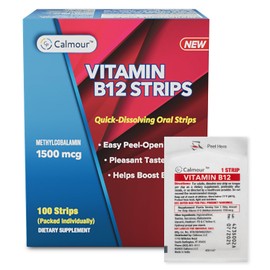 Calmour Vitamin B12 Strips 100 Pack | Easy Oral Dissolvable Mint Flavored Strips | 1500 mcg Strips | Vit B12 Dissolve under Tongue | Methylcobalamin B-12 Vitamin Formula | Vegan Friendly & Gluten Free