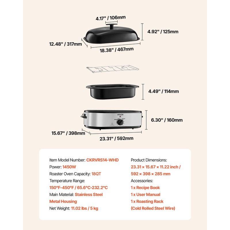 VEVOR Roaster Oven, 18QT Electric Roaster Oven, 150-450℉ Adjustable Temperature