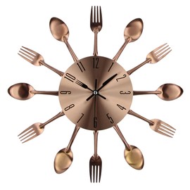 Timelike Stainless Steel Kitchen Utensils Clock - Kitchen Cutlery Wall Clock with Tinted Forks, Spoons, Spatula Design Kitchen Clock with for Kitchen Déco Indoor and Outdoor (Copper)
