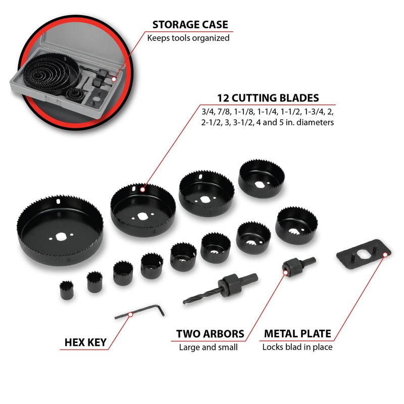 Performance Tool W9071 16-Piece Carbon Steel Hole Saw Set -