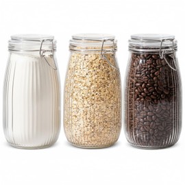 ComSaf 3pcs 50oz Ribbed Glass Jars with Airtight Clamp Lids, Large Vintage Canisters for Flour, Sugar Storage & Fermenting, Wide Mouth for Pantry Organization & Countertop Decor