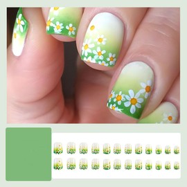 24 PCS Autumn Press on Nails Short Square - ZWENJIE Fall Green Cute Sequins Fake Nails Press ons Nail Art Tips with Flowers Glossy Design Full Cover Acrylic False Nails Glue on Nail Kit for Women Girl