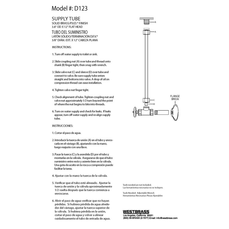 Westbrass D123-03 3/8" x 12" Brass Flat Head Toilet Riser