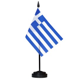 ANLEY Greece Deluxe Desk Flag Set - 6 x 4 Inch Miniature Greek Desktop Flag with 12" Solid Pole - Vivid Color and Fade Resistant - Black Base and Spear Top