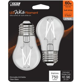 Feit Electric BPA1560927CAWFIL/2 Soft White Exposed White Filament LED Light Bulb, Box of 2 Bulbs; 8W; 2700K; E26 Base; 750 Lumens; Dimmable; 90 CRI; 15000 Rated Life Hours; 120V; 1.8" MOD; 3.2" MOL