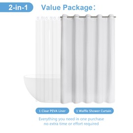 FY&XZH 2-in-1 Hookless Waffle Shower Curtains Set, No Hook Waffle Textured Shower Curtain with Thickened PEVA Liner, Hotel Style Bath Curtain with Built-in Grommets, Water Resistant(White)