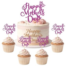 Wootkey 25 Pcs Purple Happy Mothers Day Cake Toppers Glitter Mothers Day Decorations Butterfly Cupcake Toppers for Mother's Gift Cake Decorations DIY Flower Bouquet Party Supplies