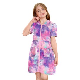 Girls Summer Swim Zip Up Cover Up with Pockets Hooded Terry Short Sleeve Bathrobe Multicolor 10 Years