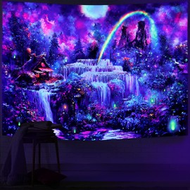 Wonrizon Blacklight Fantasy Forest Tapestry, Waterfall Rainbow Misty Jungle Plants Tapestries UV Reactive Wall Hanging Glow in the Dark Nature Landscape decor for Bedroom Living Room (Waterfall