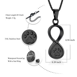 Pet Paw Print Infinity Cremation Jewelry Urn Necklace for Ashes for Dog/Cat Memorial Pendant (Black -Paw)