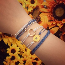 FANCY SHINY Sunflower String Bracelet Handmade Braided Rope Charms Boho Surfer Bracelet for Women(Navy Blue)