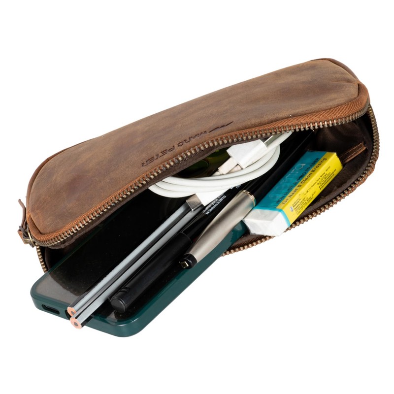 Marc Peter Vintage Darvin Leather Pencil Case with YKK Zip,