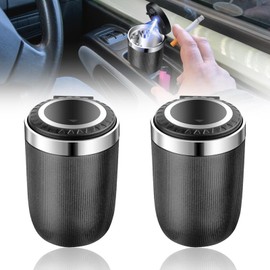 Car Ashtray with Lid, Pack of 2 LED Travel Ashtray, Portable Mobile Ashtray, Self-Extinguishing Odour-Proof Ashtray for Cars, Vans, Outdoor, Camping, Home, Office, Black