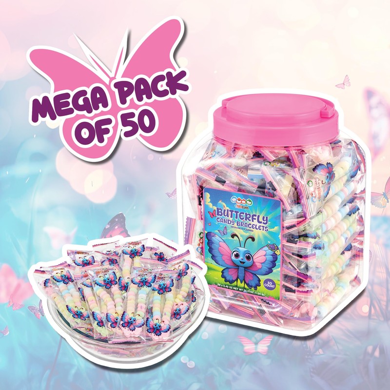 50 Butterfly Candy Bracelets, Novelty Pastel Candy Bracelets with Butterfly