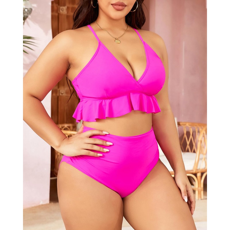 Tempt Me Women Dark Pink Two Piece Swimsuits High Waisted