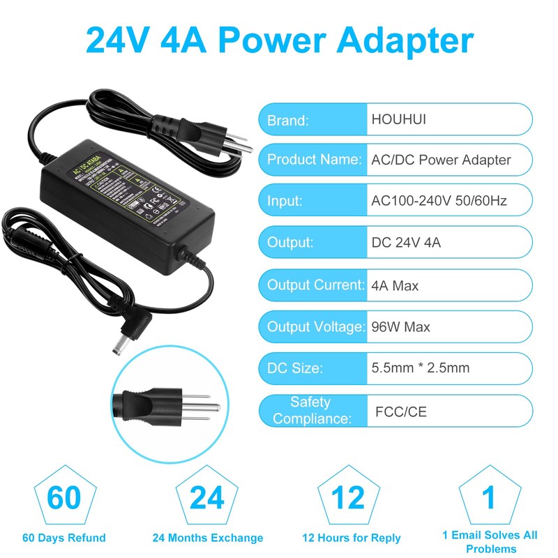 HOUHUI 24V 4A Power Supply Adapter, AC 100-240V to DC