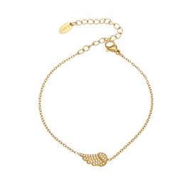 Kokoma Dainty Angel Wing Link Bracelet for Women, Gold-Tone Stainless Steel Crystal Zircon Wing Bracelet Adjustable Chain Minimalist Valentine Jewelry