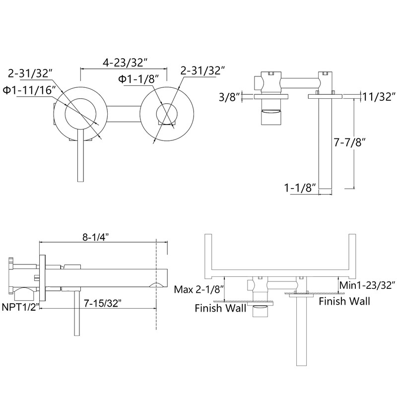 sumerain Single Handle Left-Handed Wall Mount Bathroom Faucet in Chrome