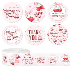 JarThenaAMCS 500Pcs Pink Bow Cherry Thank You Sticker Coquette Bowknot Cherry Adhesive Sealing Label Decal for Birthday Baby Shower Party Favor Supplies, 6 Designs