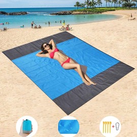 Beach Mat, Picnic Blanket, Waterproof and Sandproof Mat, Extra Large Lightweight Beach Mat, Portable Picnic Mat, Travel, Camping, Hiking, Nylon, 83*79 Inches (Grey+Blue+Gray)