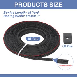 PATIKIL Boning for Sewing, 15 Yard 8mm Wide Polyester Sew-Through Low Density Corset Boning with 60 Pcs End Caps for Corset Wedding Dress Hat Cap DIY, Black