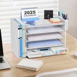 OPNICE Desk Organizers and Accessories with File Holder, 5-Tier Office Desk Accessories & Workspace Desktop Organizer with Drawer and 2 Pen Holder, File Paper Organizer for Office Supplies(White)