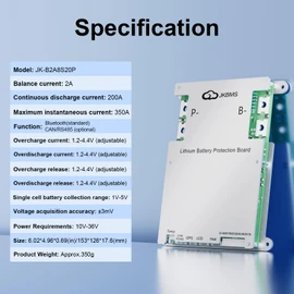 JKBMS Smart BMS 4S-8S 200A 2A Active Balance Build-in Bluetooth with RS485 PCB Battery Protection Board for LiFePO4 Li-ion LTO Battery Pack（JK-B2A8S20P）