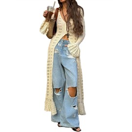 Women Elegant Crochet Knit Maxi Dress Button Down Hollow Out Cover Up Vacation Long Dress(Beige,S)