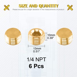 Mardatt 6Pcs 1/4" NPT Brass Pipe Plug Fitting Countersunk Internal Hex Socket Male Thread Pipe Plug Set