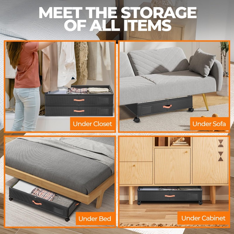 Under Bed Storage with Wheels,2-Pack Under Bed Storage Containers with