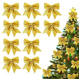 Pack of 10 Christmas bows, 14 x 15 cm Christmas tree bows, Christmas tree bow bow, glitter bows, for Christmas tree decorations, Christmas wreath, Christmas parties, gift decoration