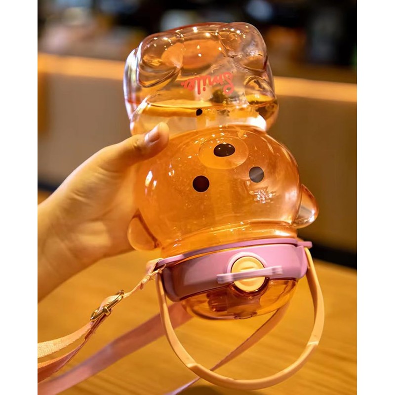 JRIQH Kawaii Bear Straw Bottle,Leak-Proof Water Bottle with Adjustable &