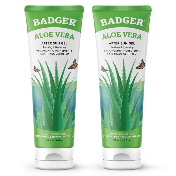 Badger Aloe Vera Gel for Sunburn Relief, Fair Trade & Organic After Sun Care, Pure Cooling Soothing Aloe Vera Gel for Face & Skin, Hypoallergenic & Unscented, 4 fl oz (2 Pack)