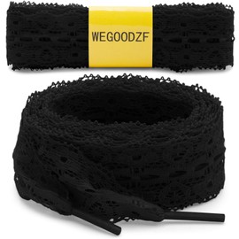 WEGOODZF Flat Lace Fancy Shoelaces: 3CM Wide Lace Shoe Laces for Women - 2 Pairs, 02 Black, 43inch (110CM)