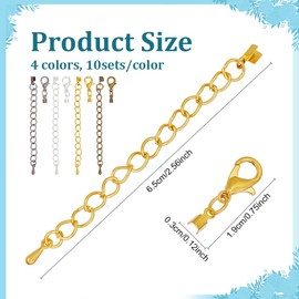 CRAFTYMELODY 4 Sets 4 Colors Iron Cord End Caps with Chain Fold Over Cord Ends with Lobster Claw Clasps and Extension Chain Terminators Crimp Cap Clasp Tips for Necklaces Bracelets DIY Craft