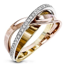 925 Sterling Silver Women's Fashion Tricolor Geometric Line Cross Ring in 18K Rose Gold Ring Sparkling Full Diamond Ring Multi Row Cross Ring Eternity Engagement Wedding Rings Sizes 6-10 562 (10)