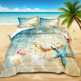 Bedbay California King Comforter Set Beach Themed Bedding California King Beach Decor Coastal Beach Starfish Pattern Oversized 3 Pieces Ocean Quilt Comforter Set(104" Wx96 L)