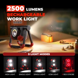 Yzoni LED Work Light Rechargeable, 2 COB 2500LM Folding Portable Flood Light with Magnetic Base and 360° Rotation Stand, Spotlights for Camping, Car Repairing, Emergency and Job Site Lighting