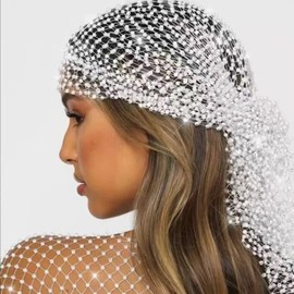 Rhinestone Mesh Headband Head Wrap Head Scarf Hair Scarf Turban Headpiece for Women Hair Styling Holiday Rave Hippie(White)
