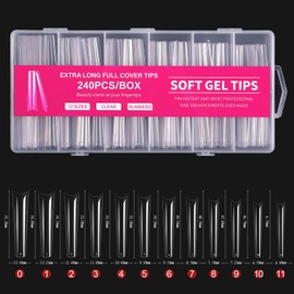 Long Nail Tips, Set of 240, Transparent, Super Long, Clear Nail Tips, Gel Nails, Commercial Use, Practice Use, Nail Art, with Case (Square, 3)