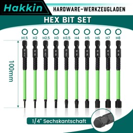 Hakkin Hex Bits Set Long 100 mm Allen Bit Set for Cordless Screwdrivers 1/4 Inch Hexagon Hex Screwdriver Bit Set for Impact Wrenches (H1.5/2/2.5/3/3.5/4/5/6/7/8)