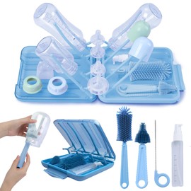 Mombasics Portable Baby Bottle Cleaning Kit – 6-in-1 Travel Bottle Brush Set with Drying Rack, Nipple Brush, Straw Brush, Soap Dispenser & Storage Box – Essential Baby Bottle Cleaner for Home & Travel