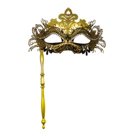 Yimianshou Masquerade Mask for Couples Women Men with stick Mardi Gras Venetian Party Mask Set(Stick-Gold)