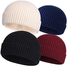 ROYBENS 4 Pack Wool Fisherman Beanies for Men, Knit Short Watch Cap Winter Warm Hats,C