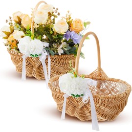 LemonRoad 2 Pcs Flower Girl Basket with Handle Rustic Hand-Woven Picking Storage Elegant Eggs Basket for Wedding Petal Wicker Rattan Outdoor Picnic Home Party Event Decoration